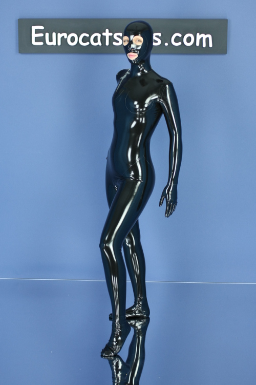 made-to-measure latex catsuit with attached latex mask , gloves and socks